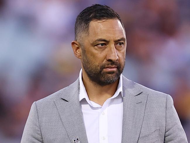 SYDNEY, AUSTRALIA - SEPTEMBER 06: Coach of the Tigers Benji Marshall looks on  prior to the round 27 NRL match between Wests Tigers and Parramatta Eels at Campbelltown Stadium, on September 06, 2024, in Sydney, Australia. (Photo by Jeremy Ng/Getty Images)