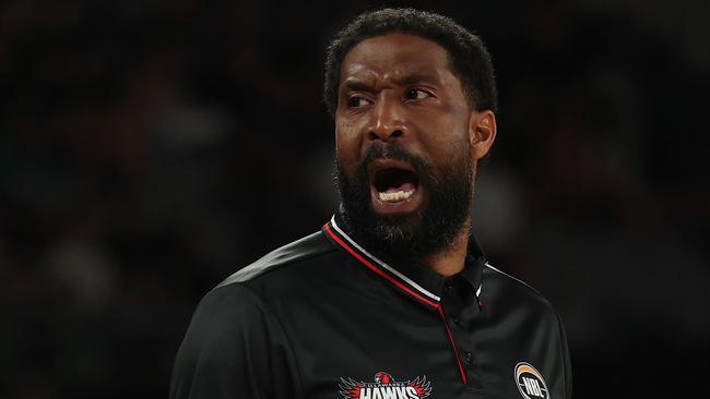 MELBOURNE, AUSTRALIA - MARCH 02: Justin Tatum, head coach of the Hawks reacts during game two of the NBL Semi Final Series between South East Melbourne Phoenix and Illawarra Hawks at John Cain Arena, on March 02, 2025, in Melbourne, Australia. (Photo by Daniel Pockett/Getty Images)