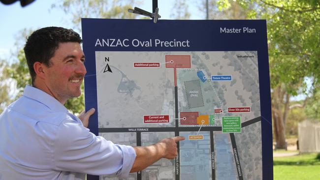 Minister for Planning, Lands, and Environment Josh Burgoyne in Alice Springs announcing the new Anzac Oval masterplan. Picture: Gera Kazakov