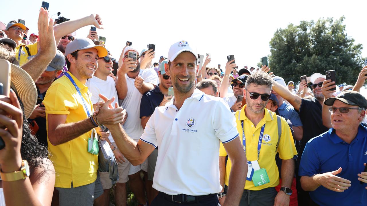 Tennis player Novak Djokovic interacts with spectators during the All-Star Match at the 2023 Ryder Cup. Photo by Jamie Squire/Getty Images