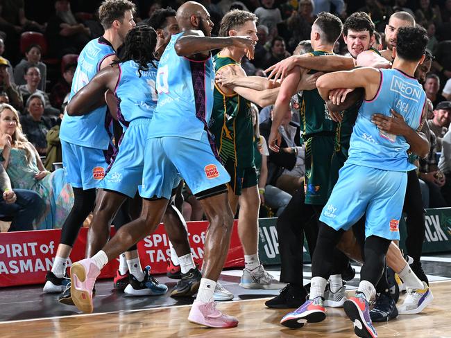 The JackJumpers and New Zealand have had some heated battles this season, with tempers flaring in their November 18 matchup in Launceston (Photo by Steve Bell/Getty Images)