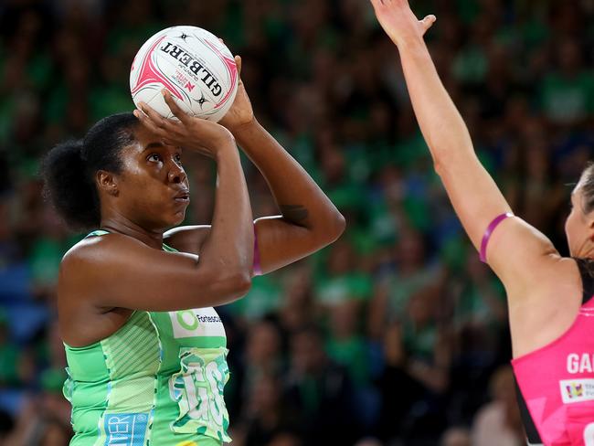 Jhaniele Fowler-Nembhard of the Fever lines up her shot during the round six Super Netball match between West Coast Fever and Adelaide Thunderbirds at RAC Arena, on May 18, 2024, in Perth, Australia. (Photo by James Worsfold/Getty Images)