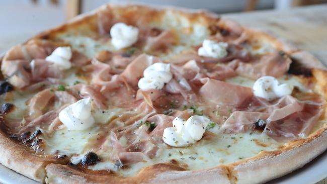 Goccia’s Parsuto pizza; tomato base, mozzarella, mascarpone cheese and prosciutto. Photo by Richard Gosling