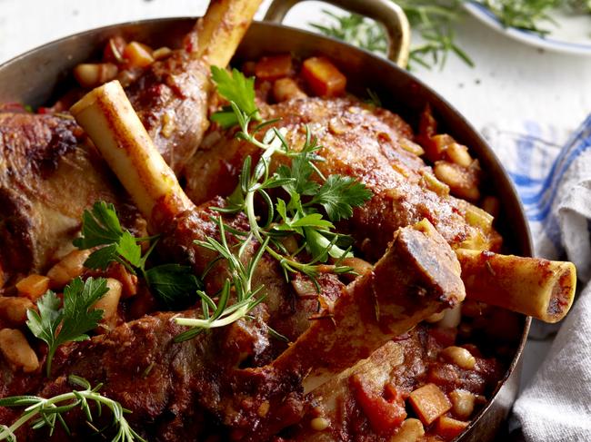 EMBARGO FOR TWAM, 02 NOVEMBER 2024. FEE MAY APPLY. Medditerranean Lamb Shanks with beans. My Mediterranean Life by Sarah Di Lorenzo, Simon & Schuster, $49.99. Photography: Scott Ehler