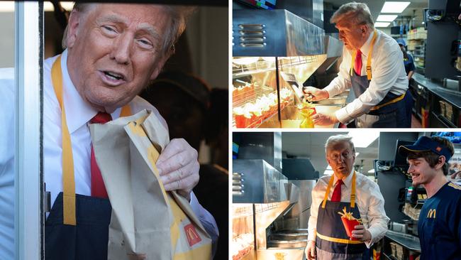 Donald Trump serves up fries at Maccas.