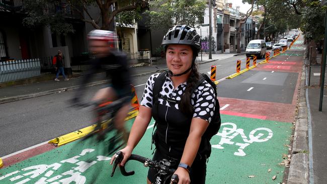 Cyclist Vanessa Duckworth said the temporary bike lane isn’t suited to Fitzroy St. Picture: Toby Zerna