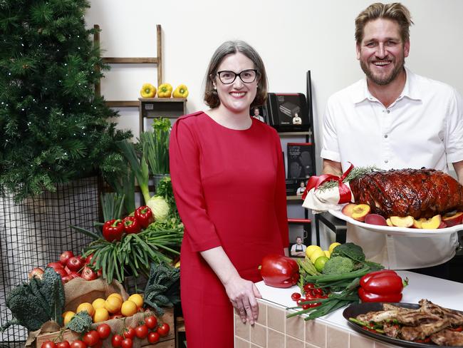 SYDNEY, AUSTRALIA - OCTOBER 12: Leah Weckert, CEO and Managing Director of Coles Group and Curtis Stone attend the Coles Christmas 2023 Launch at Sun Studios on October 12, 2023 in Sydney, Australia. (Photo by Hanna Lassen/Getty Images for Coles)