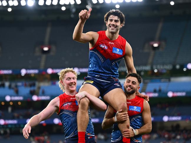 Christian Petracca is chaired from the ground in game 200. Picture: Getty Images