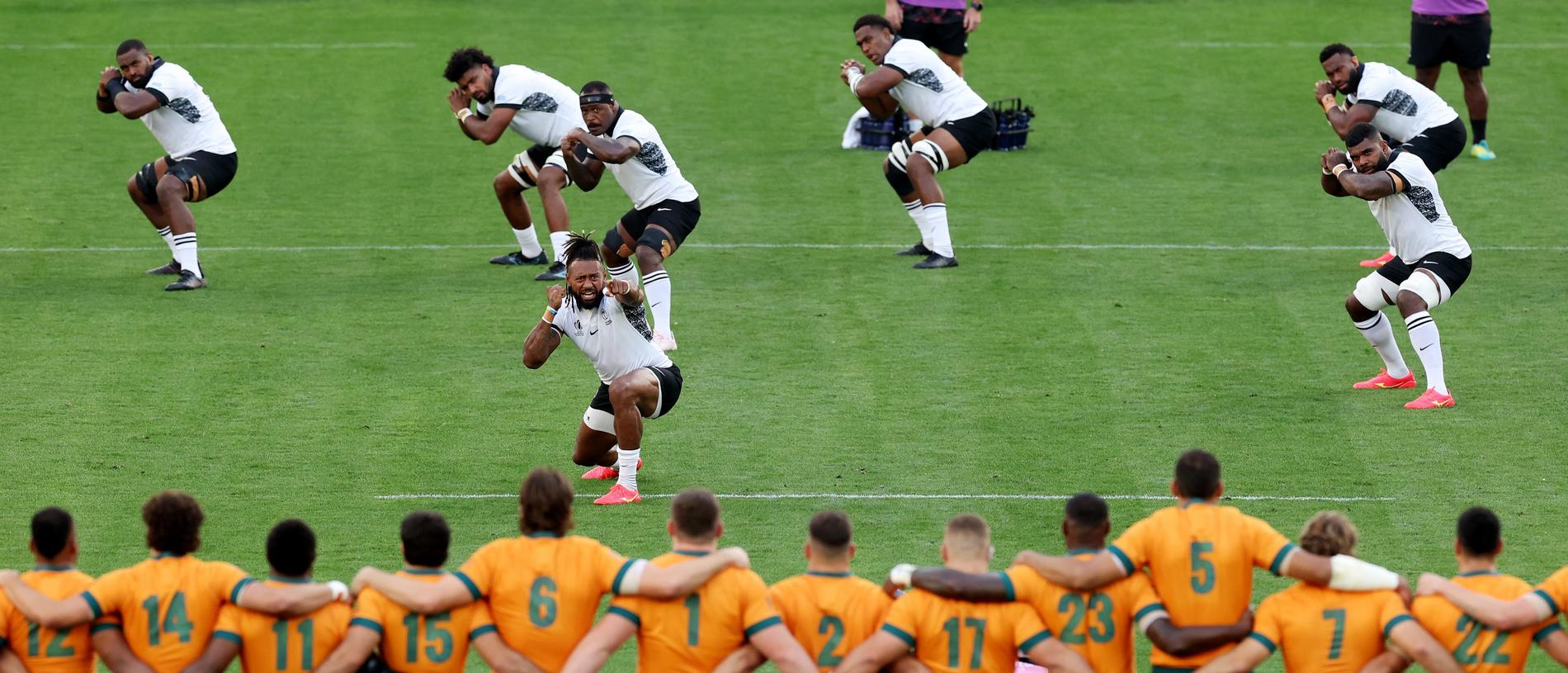 Fiji perform the Cibi prior to their Rugby World Cup win against Australia in 2023. Picture: Catherine Ivill/Getty Images