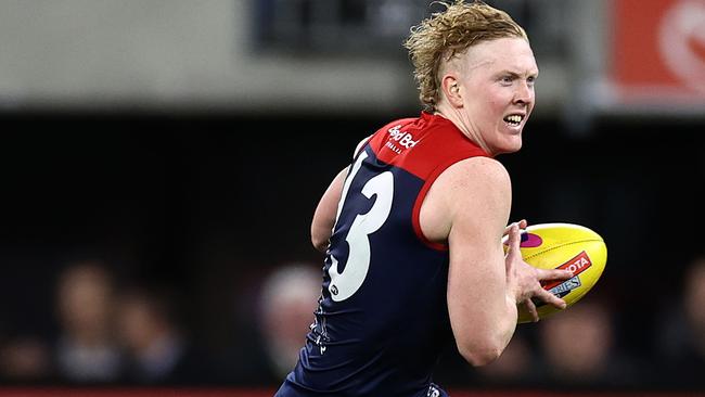 Brownlow Medal contender Clayton Oliver charges forward for the Demons. Picture: Michael Klein