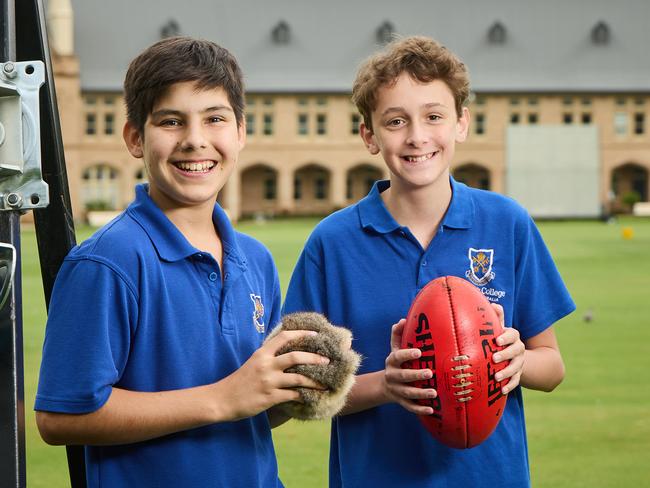Studnets, Oscar Kleinig, 13, and Hugh Harper, 13, from St Peters College, where Parndo, a football-style game played by the Kaurna people will be part of the curriculum, Saturday, Feb. 25, 2023. Picture: Matt Loxton