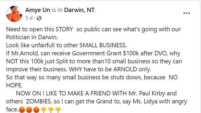 One of the offending Facebook posts by Councillor Amye Un, which touched off a protracted dispute with the City of Darwin. Picture: File