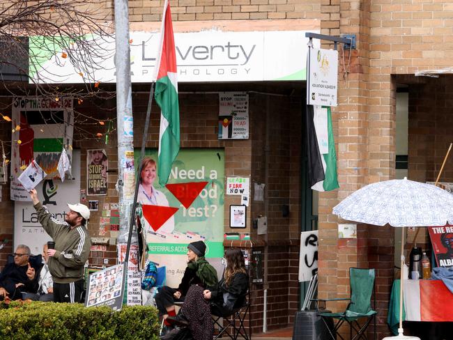 SYDNEY, AUSTRALIA - NewsWire Photos JUNE 6, 2024:  Pro-Palestine protesters posters and graffiti outside the building that houses the offices of Prime Minister Anthony Albanese on Marrickville road in Marrickville.Picture: NewsWire / Damian Shaw