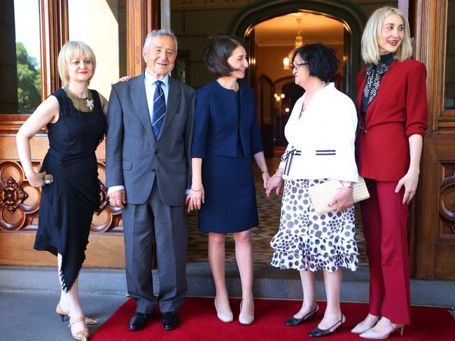 Ms Berejiklian’s parents Krikor and Arsha, and sisters Rita and Mary, proudly pose with Ms Berejiklian on the day she was sworn in as NSW Premier last year. Picture: David Moir