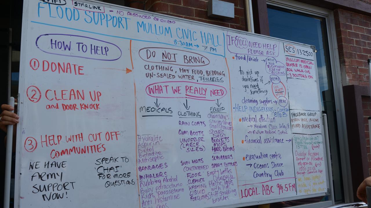 A notice showing needed goods and services outside the Mullumbimby Civic Hall during the flood disaster response on Friday. Picture: Liana Boss