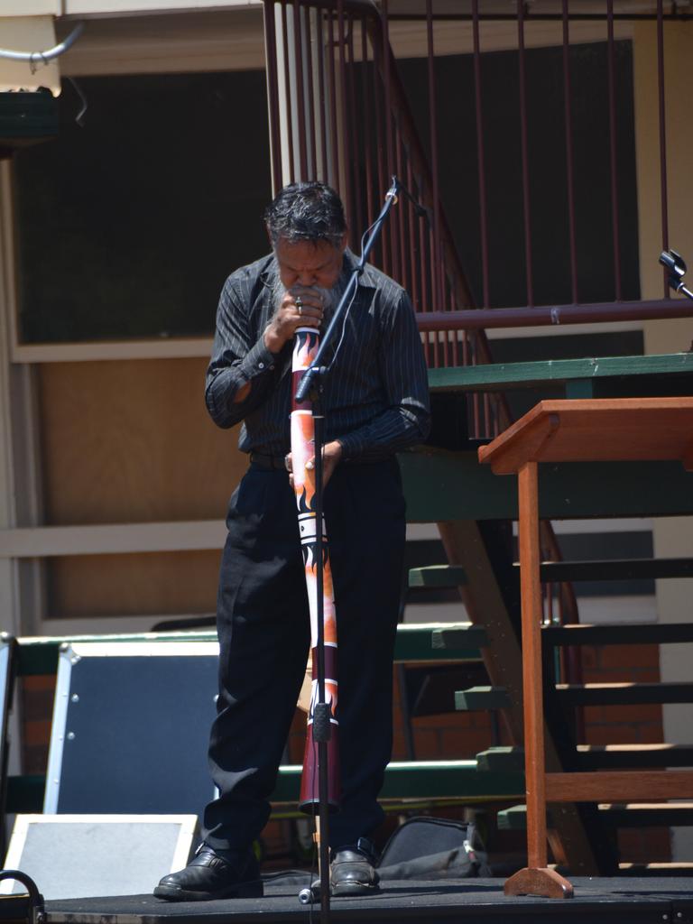 Former KSHS student Mr Elgan Leedie plays The Lament on the didgeridoo at the 2019 Kingaroy Remembrance Day service. (Photo: Jessica McGrath)