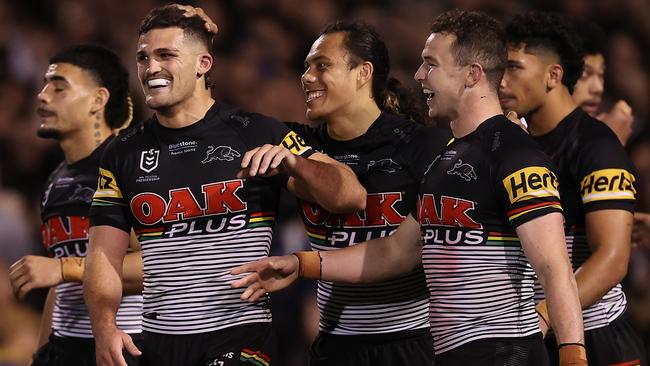 Nathan Cleary’s combination with Jarome Luai could be the deciding factor when NSW selectors pick the team for the series opener. Picture: Mark Kolbe / Getty Images