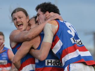 Centrals Josh Waldhuter celebrates kicking the match sealing goal, Saturday, August 26, 2017. SANFL round 18. Eagles v Central District (AAP Image/Brenton Edwards)