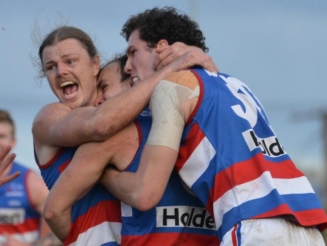 Centrals Josh Waldhuter celebrates kicking the match sealing goal, Saturday, August 26, 2017. SANFL round 18. Eagles v Central District (AAP Image/Brenton Edwards)