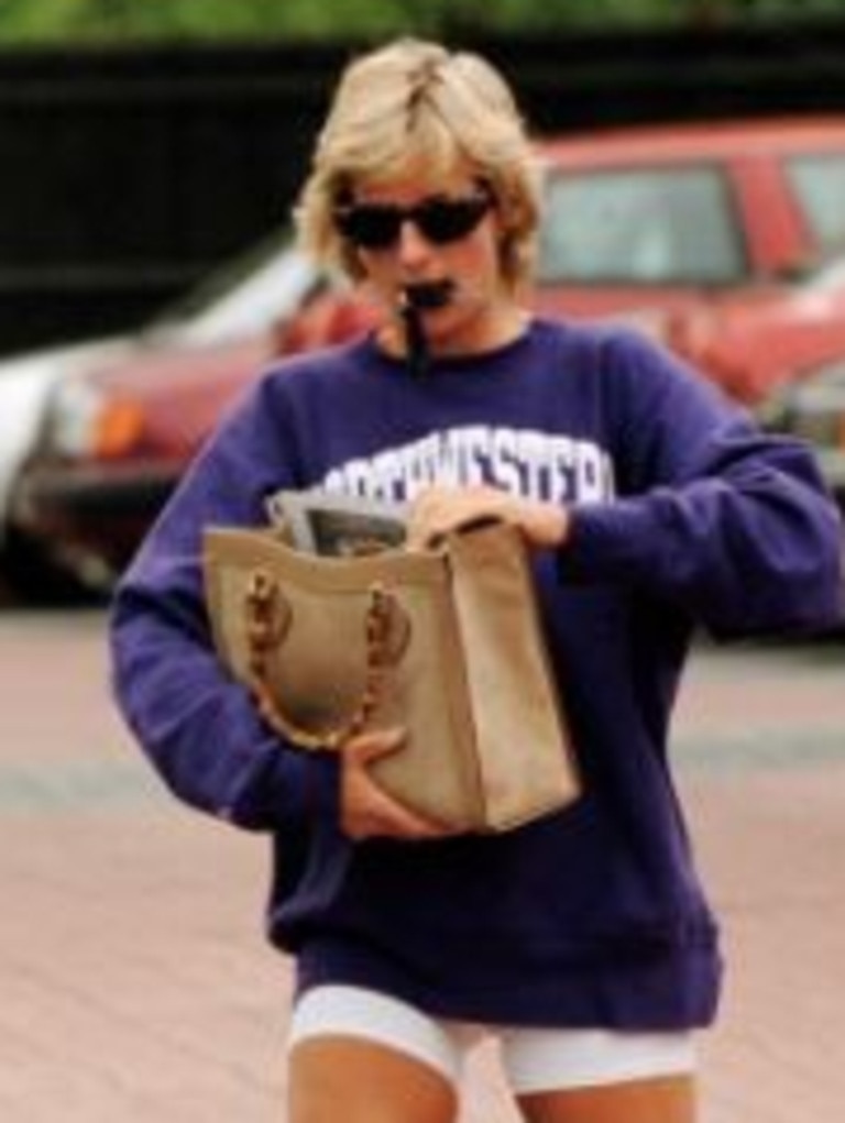 Princess Diana wearing her iconic Northwestern sweatshirt. Picture: Supplied