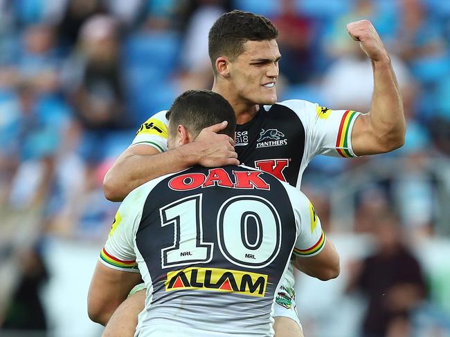 GOLD COAST, AUSTRALIA - AUGUST 11:  Nathan Cleary of the Panthers celebrates winning after a field goal during the round 22 NRL match between the Gold Coast Titans and the Penrith Panthers at Cbus Super Stadium on August 11, 2018 in Gold Coast, Australia.  (Photo by Chris Hyde/Getty Images)