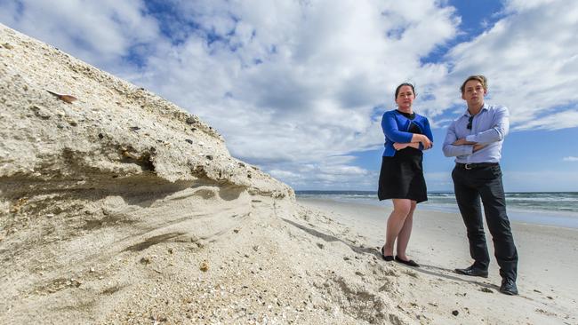 Cameron Howe (R), pictured with City of Kingston councillor Tamsin Bearsley, helped introduce a plan to tackle foreshore erosion at Carrum beach. Picture: Valeriu Campan