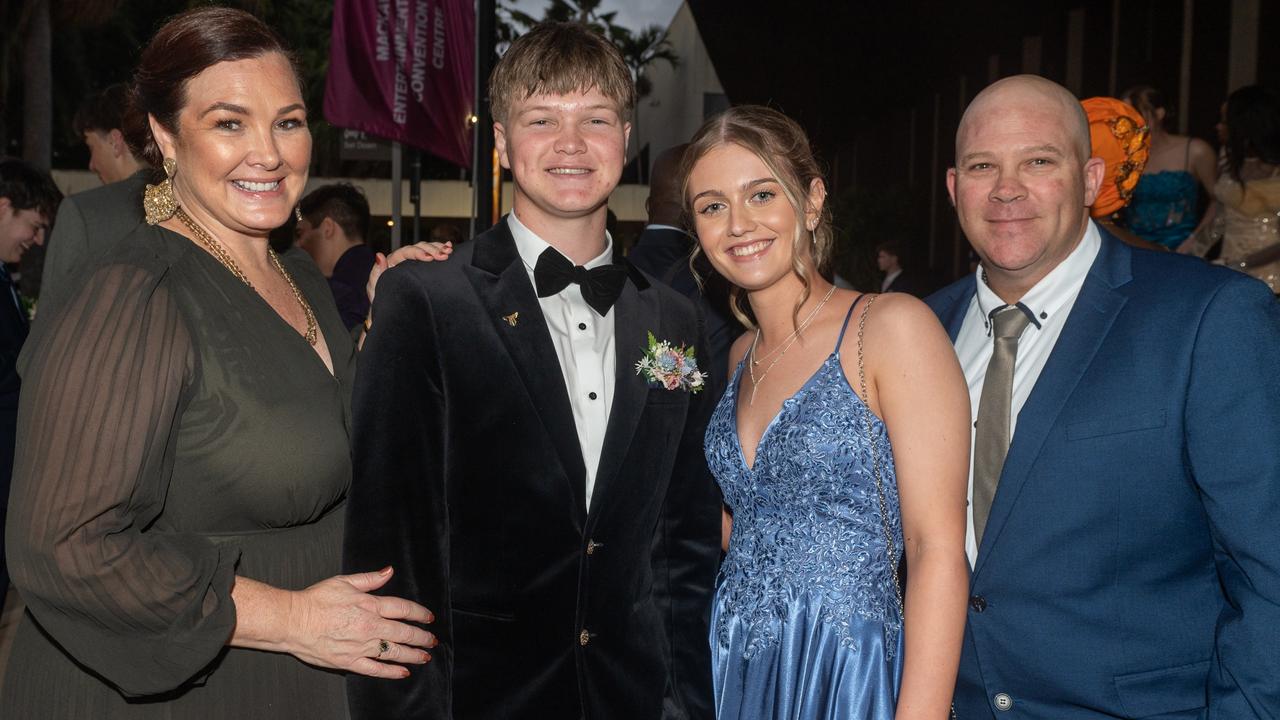 Liz Russell, Darcy Russell, Faith Rayner and Wayne Russell attending the Year 12 Formal Whitsunday Anglican School Saturday 14 September 2024 Picture:Michaela Harlow