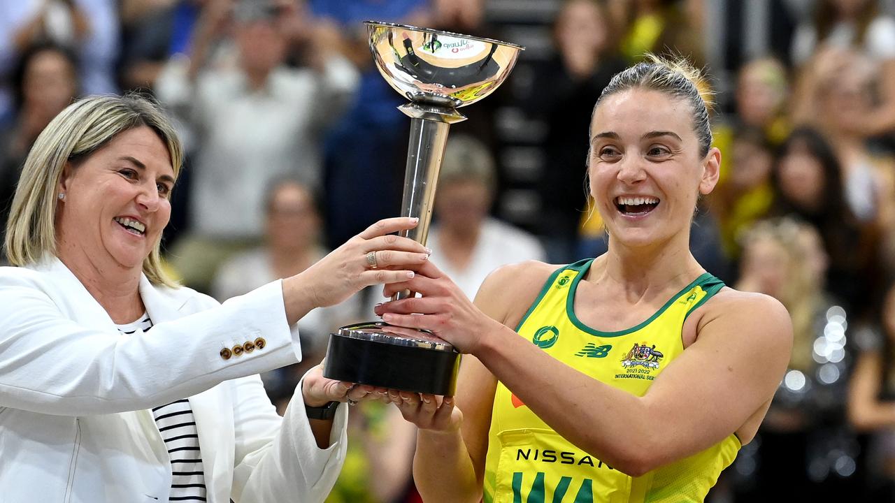 Liz Watson and coach Stacey Marinkovich hold up the Constellation Cup after beating the Silver Ferns. Picture: Bradley Kanaris/Getty Images