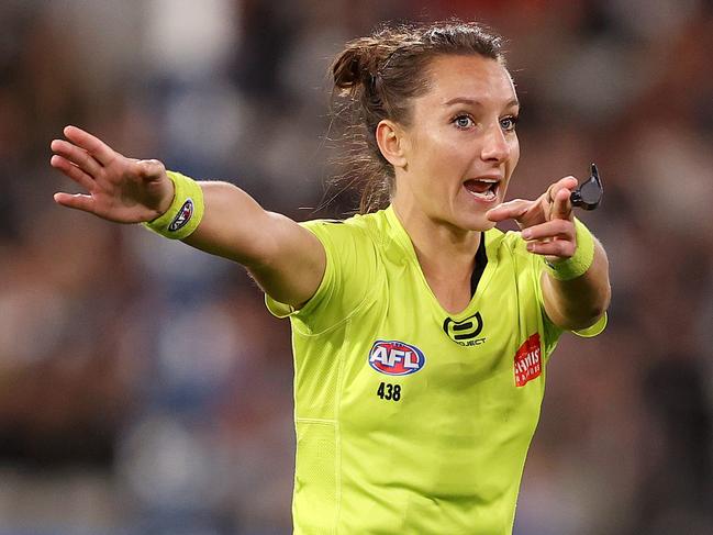 AFL Round 4.   10/04/2021.  Collingwood v Greater Western Sydney at the MCG.  Field umpire Eleni Glouftsis    . Pic: Michael Klein