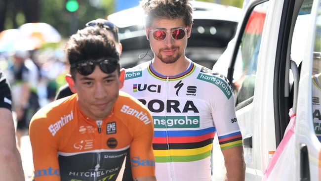 Ewan with Peter Sagan at the TDU. The two will meet again in Europe this season. Picture: Dan Peled (AAP).