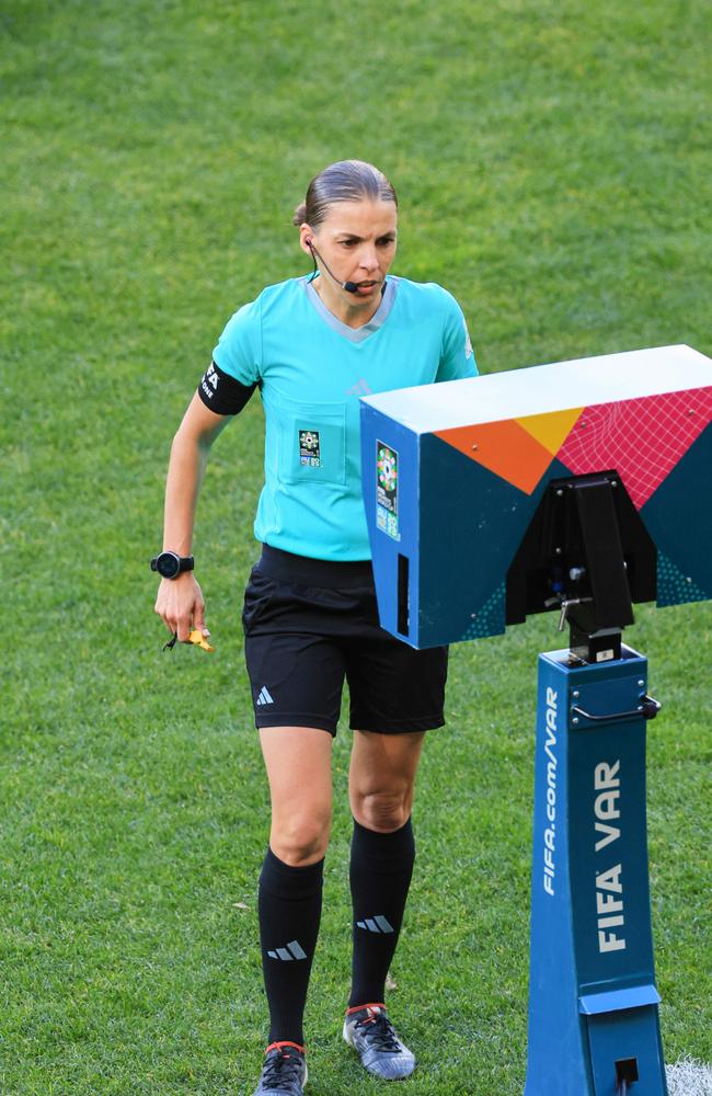 French referee Stephanie Frappart checks the VAR during the world up. Picture: Grant Down