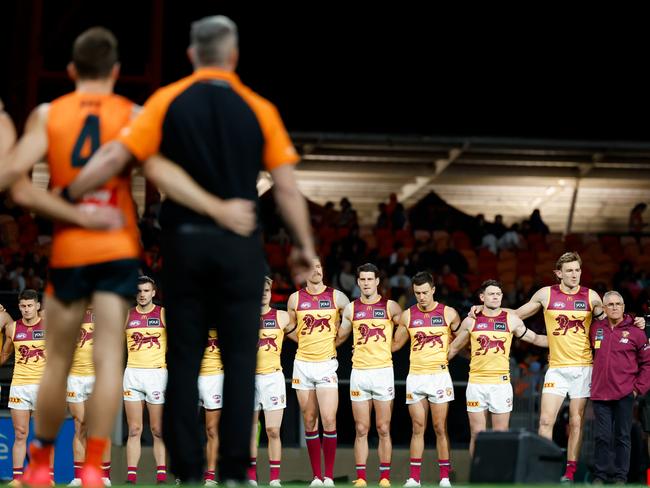 Players and coaches line up during the pre-match ceremony during the first semi-final match of the AFL finals between the GWS Giants and the Brisbane Lions. Picture: Dylan Burns