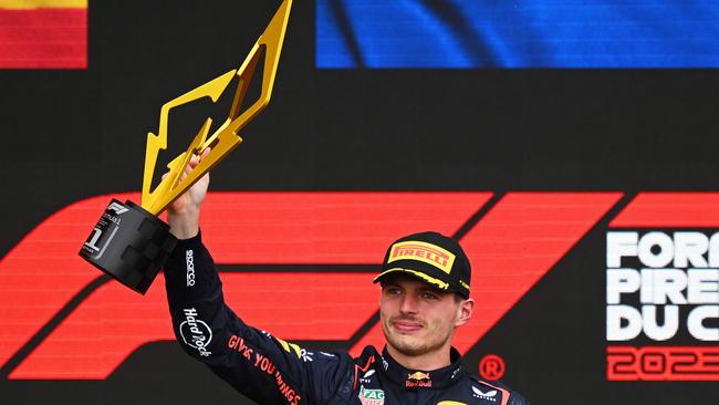 Race winner Max Verstappen celebrates on the podium during the F1 Grand Prix of Canada at Circuit Gilles Villeneuve. Picture: AFP