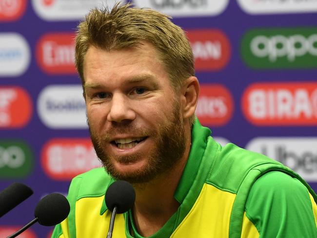 TAUNTON, ENGLAND - JUNE 12: Australia batsman David Warner speaks to the media after the Group Stage match of the ICC Cricket World Cup 2019 between Australia and Pakistan at The County Ground on June 12, 2019 in Taunton, England. (Photo by Stu Forster-IDI/IDI via Getty Images)