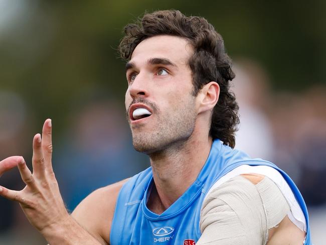 MELBOURNE, AUSTRALIA - FEBRUARY 23: Max King of the Saints marks the ball during the AFL 2024 Match Simulation between the St Kilda Saints and Essendon Bombers at RSEA Park on February 23, 2024 in Melbourne, Australia. (Photo by Dylan Burns/AFL Photos via Getty Images)