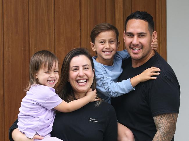 Giulia Teaupa and her husband Nathan Teaupa, with their son Elon and daughter Kava, at home in Caringbah. Picture: Gaye Gerard