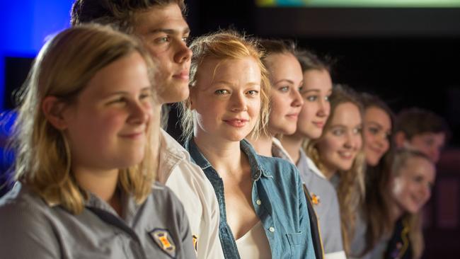 Sarah Snook with drama students at her old school Scotch College in 2015. Picture by Matt Turner.