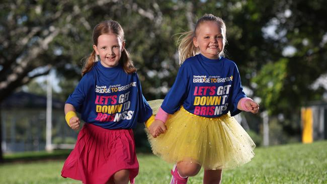 Elsie Cowan, 6, and Brooklyn Coupe, 6, in Bridge to Brisbane shirts for the launch of the 2024 Sunday Mail Transurban Bridge to Brisbane campaign, Newstead. Picture: Liam Kidston