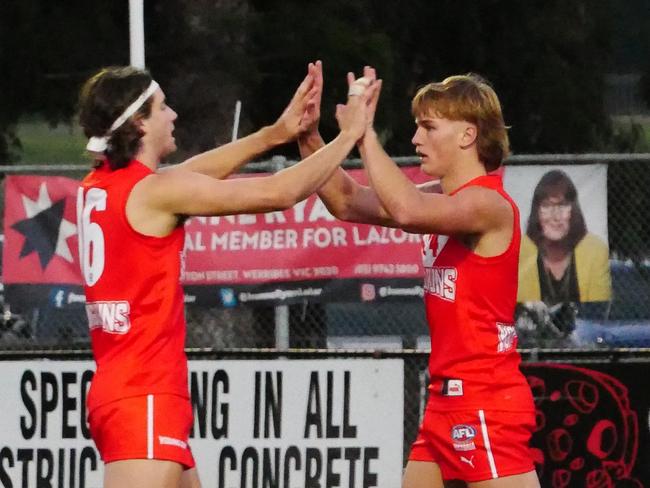 MELBOURNE, AUSTRALIA - NCA NewsWire Photos - Saturday, 20 April 2024: Young Guns players Lachie McArthur and Oskar Smartt during the Young Guns versus Vic Metro 2024 Young Guns Series match at Avalon Airport Oval, Werribee, on April 20. Picture: NCA NewsWire / Blair Jackson