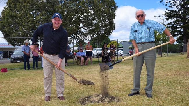 Federal Member for Wide Bay with Murgon Creative Coutnry Association president Richard O’Neil turning the first sod at the Murgon Cultural Centre and Fossil Museum. Photo/Tristan Evert