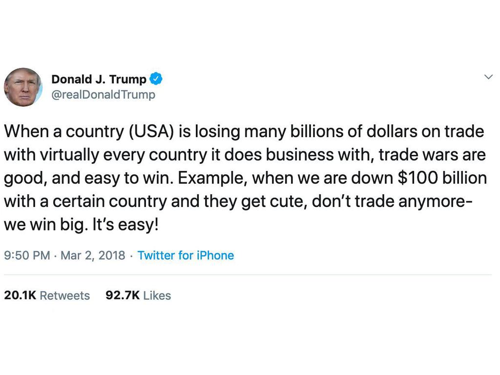 Trump’s prediction about the trade war has not come true. Picture: Twitter