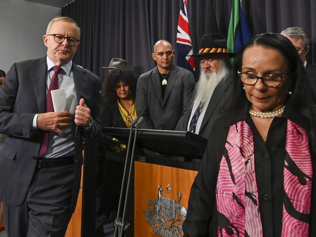 CANBERRA, AUSTRALIA - MARCH 23: Prime Minister, Anthony Albanese holds a press conference with the Minister for Indigenous Australians, Linda Burney, the Attorney-General, Mark Dreyfus, Senator Malarndirri McCarthy, Senator Patrick Dodson, and members of the Referendum Working Group at Parliament house in Canberra. Picture: NCA NewsWire / Martin Ollman