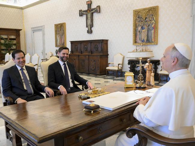 Pope Leo XIV meets with Vice President JD Vance, centre, and Secretary of State Marco Rubio, left, on the occasion of their meeting at the Vatican, Monday, May 19, 2025. Picture: Vatican Media via AP