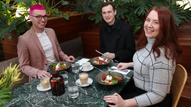 Matt Browne, Jacob Squire and Gemma Garcia at Abacus cafe in South Yarra. Picture: David Crosling