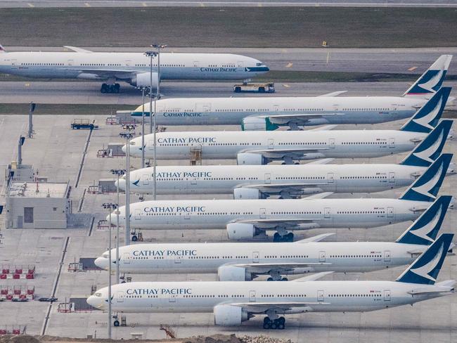 Grounded Cathay Pacific planes during the pandemic. Picture: AFP