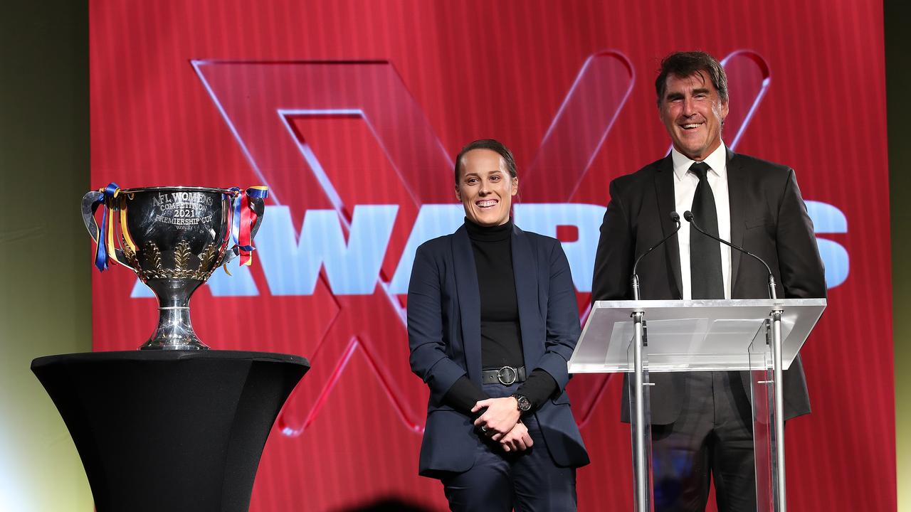 Captain Emma Zielke of the Brisbane Lions and Coach Craig Starcevich speak at the live broadcast during the 2021 AFLW W Awards at The Gabba on April 20, 2021 in Brisbane, Australia. (Photo by Jono Searle/Getty Images)