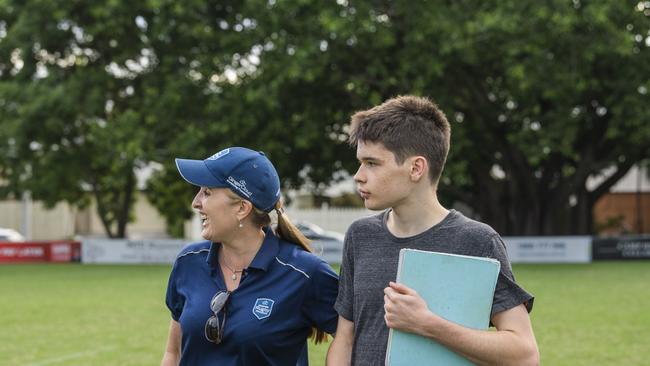 Megan Elliott with her son Max at the Brothers rugby grounds