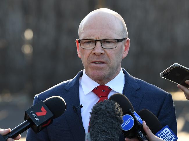 Cronulla-Sutherland Sharks CEO Barry Russell  speaks to the media in Sydney, Wednesday, August 29, 2018. Barry Russell addressed concerns regarding self reported salary cap discrepancies surrounding up to $250,000 in payments from the 2015 season and the 2017 season. (AAP Image/Dean Lewins) NO ARCHIVING