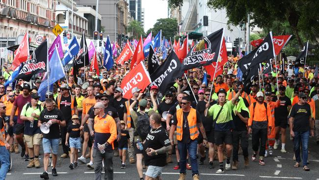 Thousands of tradies have descended on parliament today protesting changes to Best Practice Industry Conditions and right of entry to construction worksites across the state., Under the banner "Building Trades Group," members of the CFMEU, Electrical Trades Union (ETU) and Plumbers unions marched from Queen Victoria Park to Parliament House Picture Liam Kidston