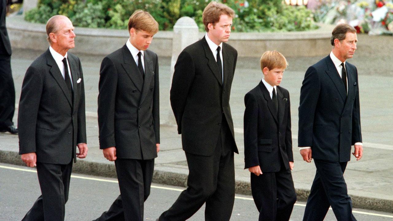 Left to right: Prince Philip, Prince William, Earl Spencer, Prince Harry and Prince Charles walk outside Westminster Abbey during the funeral service for Diana, Princess of Wales on September 6, 1997. Picture: AFP